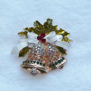 Gold Scroll Bells & Holly Brooch Rhinestone Christmas Pin